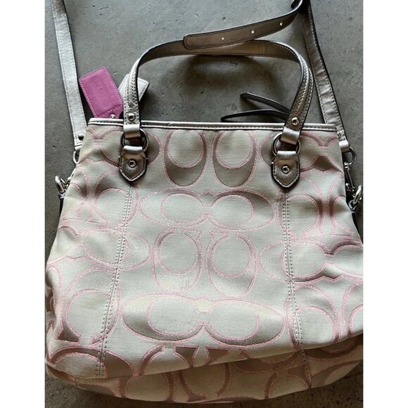 Coach Daisy Signature Metallic Outline Tote Shoulder Bag Hobo Purse Sateen PINK - Picture 4 of 16